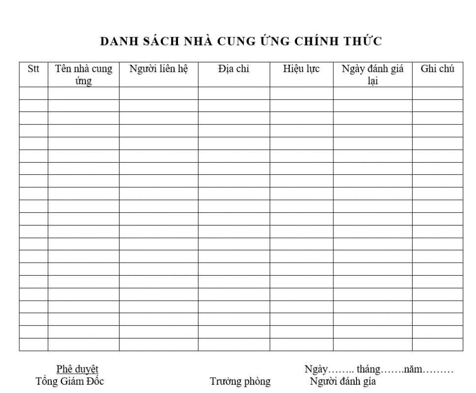 Quản trị hành chính - Danh sách nhà cung ứng chính thức
