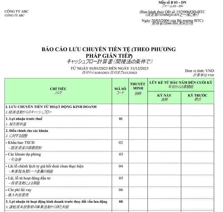 Mẫu báo cáo lưu chuyển tiền tệ giữa niên độ theo PP gián tiếp ( SONG NGỮ - TIẾNG NHẬT )