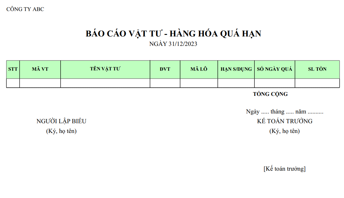 Mẫu báo cáo vật tư - hàng hoá quá hạn