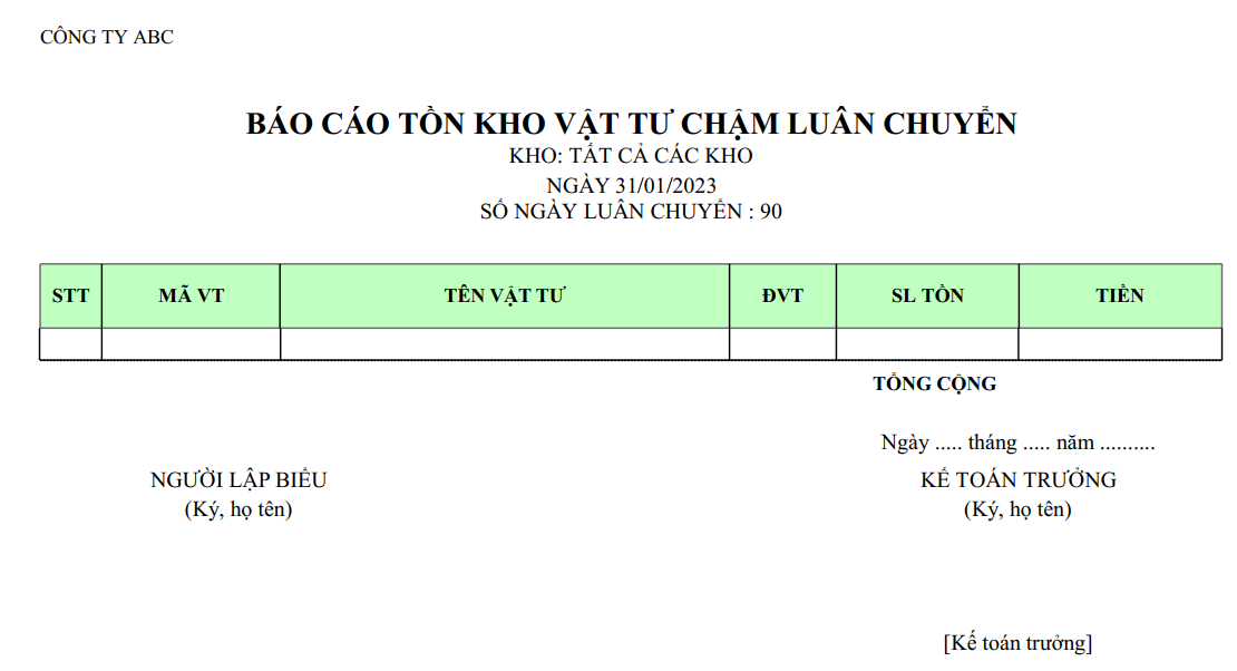 Mẫu báo cáo tồn kho vật tư chậm luân chuyển ( Số lượng và giá trị )