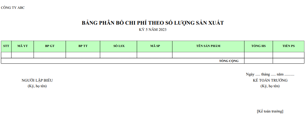 Mẫu bảng phân bổ chi phí theo số lượng sản xuất