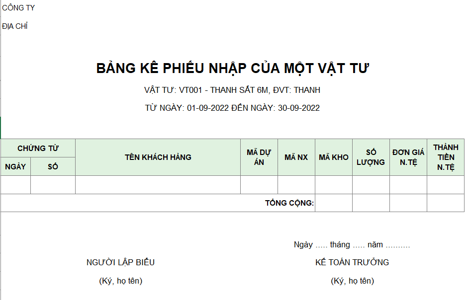 Bảng kê phiếu nhập của một vật tư ( NGOẠI TỆ )