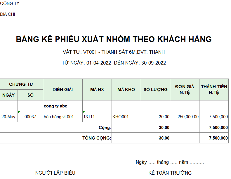 Bảng kê phiếu xuất của một mặt hàng theo khách hàng ( NGOẠI TỆ )