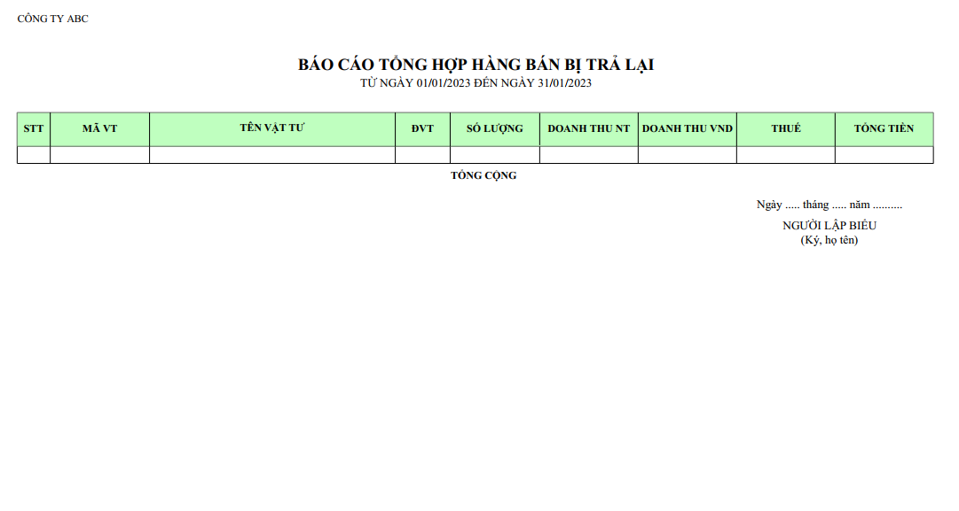 Mẫu báo cáo tổng hợp hàng bán bị trả lại ( Có số lượng và giá trị ) NGOẠI TỆ