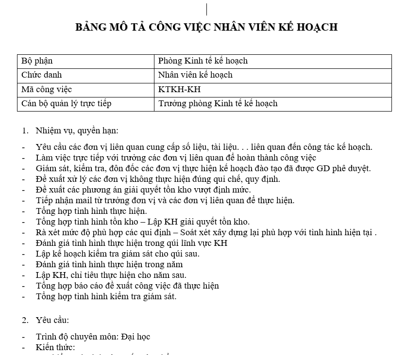Bảng mô tả công việc của nhân viên kế hoạch