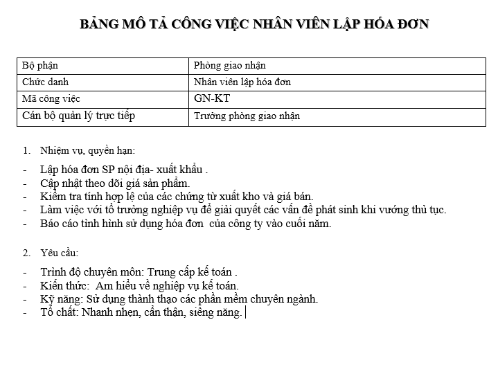 Bảng mô tả công việc của nhân viên lập hóa đơn