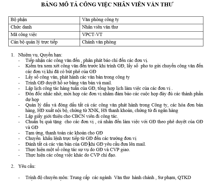 Bảng mô tả công việc của nhân viên văn thư