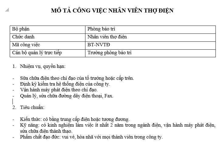Bảng mô tả công việc của nhân viên thợ điện