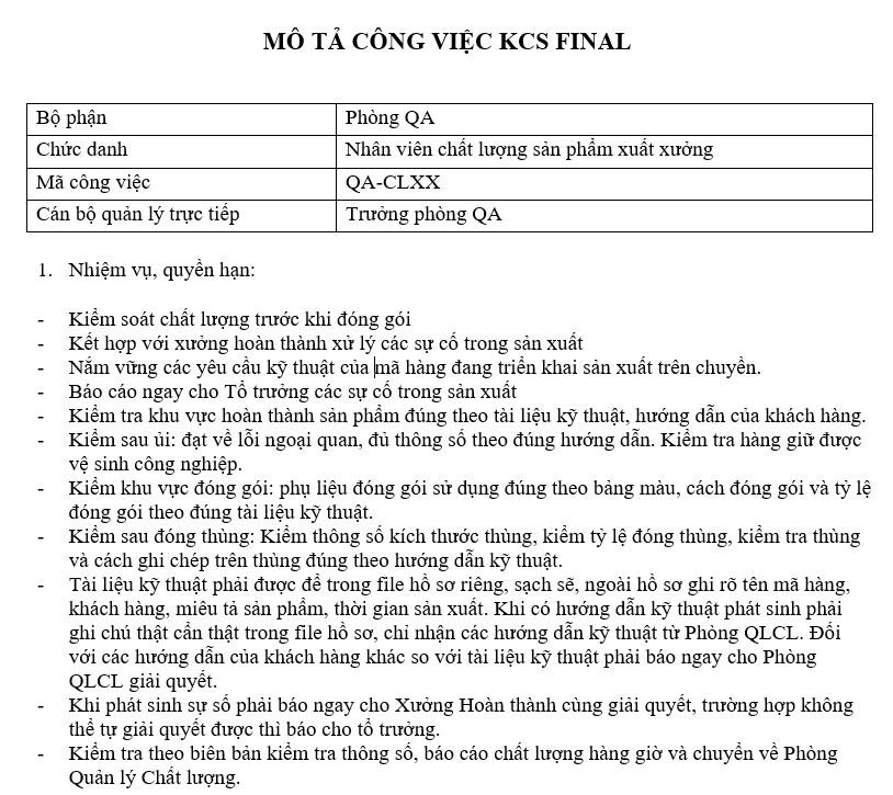 Bảng mô tả công việc của nhân viên KCS Final