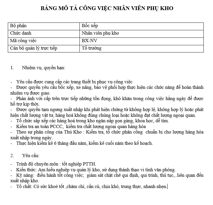 Bảng mô tả công việc của nhân viên phụ kho