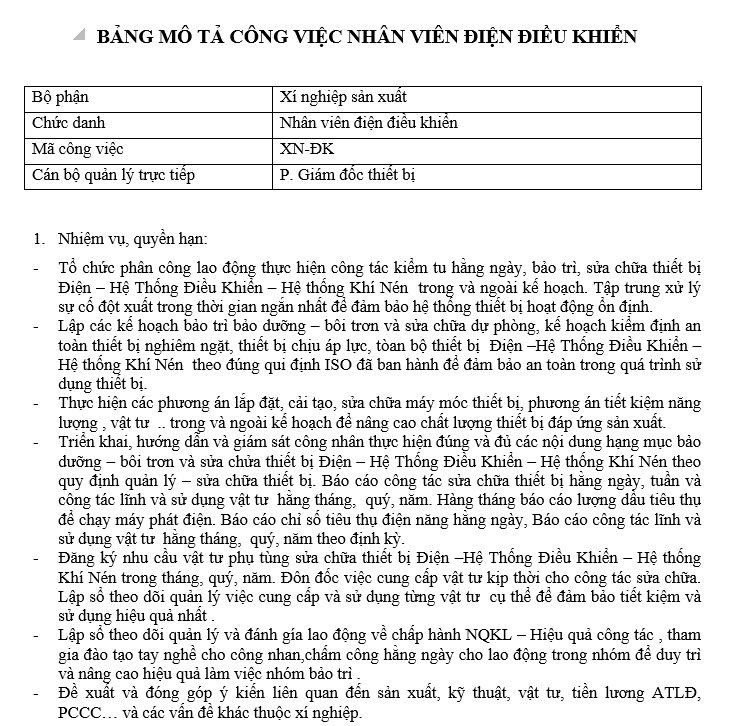 Bảng mô tả công việc của nhân viên điện điều khiển