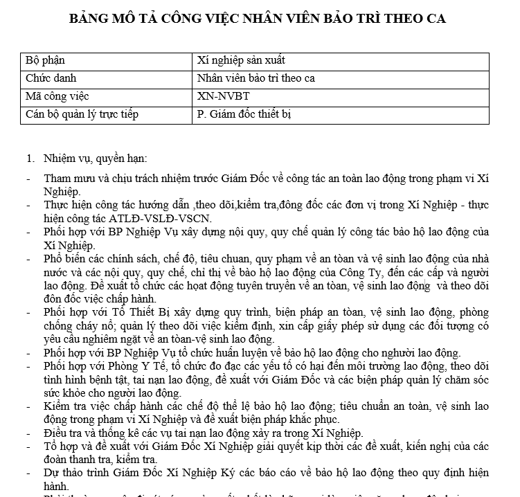 Bảng mô tả công việc của nhân viên bảo trì theo ca