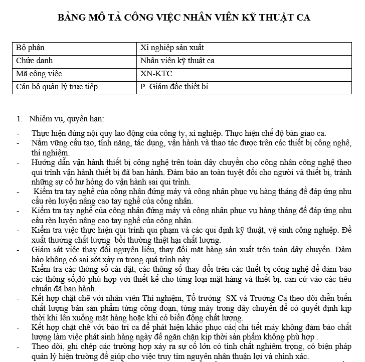 Bảng mô tả công việc của nhân viên kỹ thuật ca