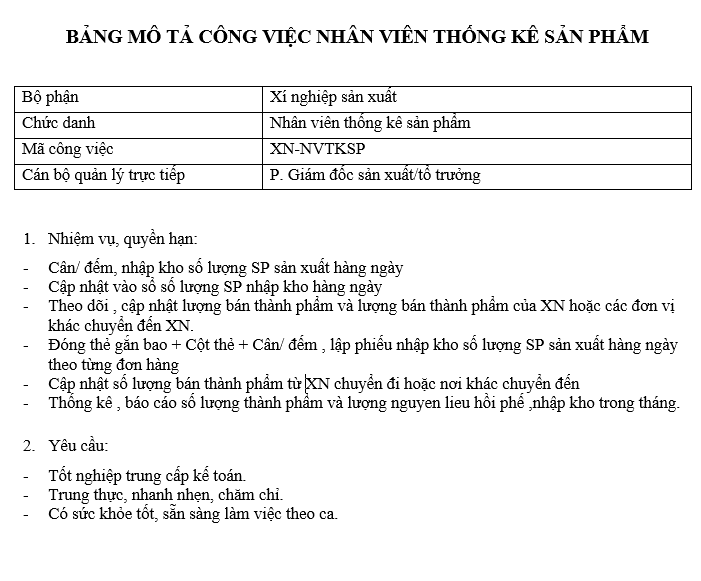 Bảng mô tả công việc của nhân viên thống kê sản phẩm