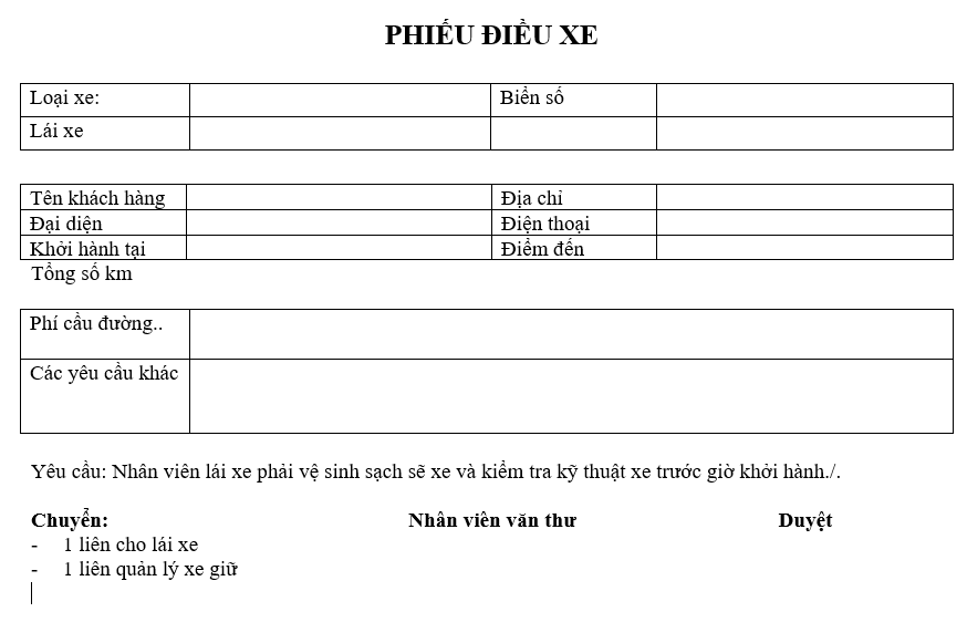 Quy định quản lý và sử dụng xe ô tô - Phiếu điều xe