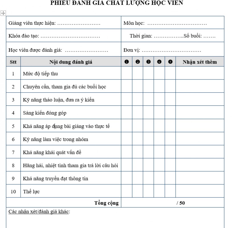 Hệ thống quản trị nhân sự - Phiếu đánh giá chất lượng học viên