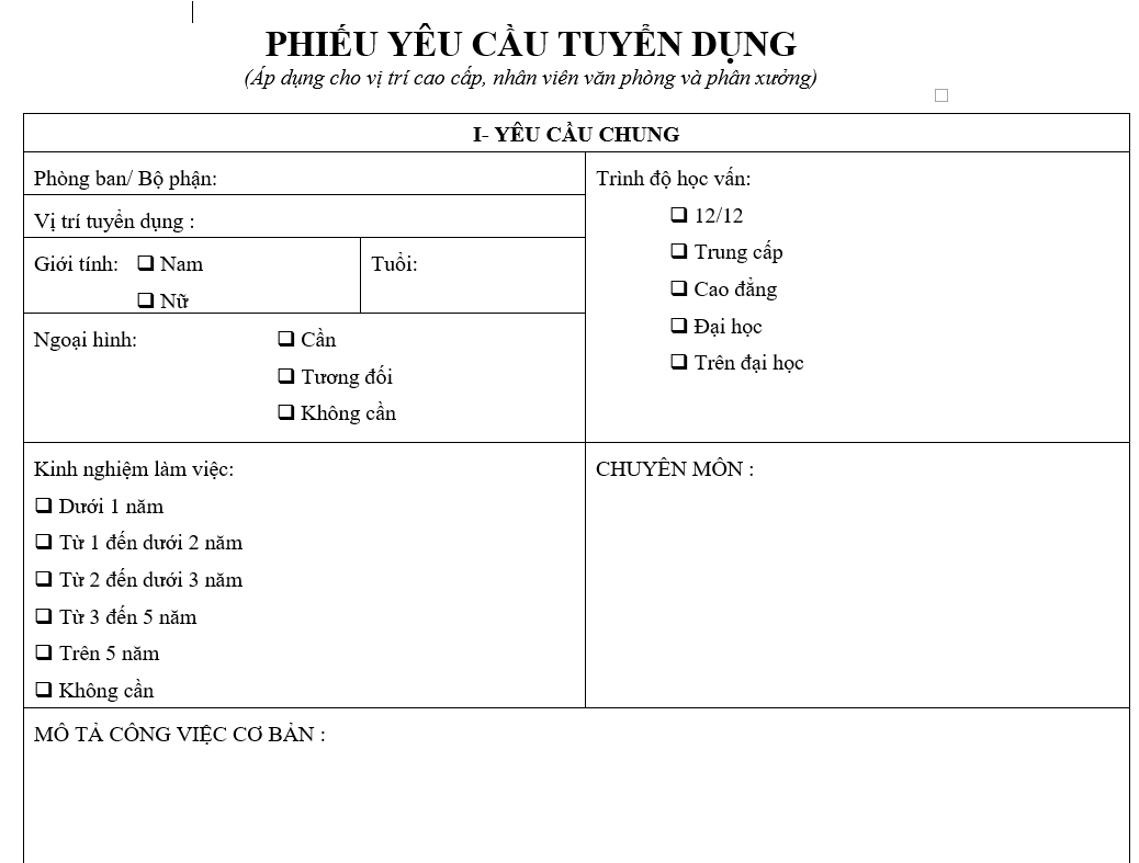 Hệ thống quản trị nhân sự - Phiếu yêu cầu tuyển dụng nhân sự