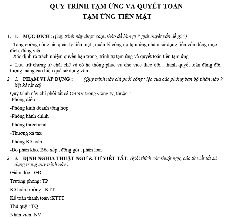 Các quy trình kế toán - Quy trình tạm ứng và quyết toán tạm ứng tiền mặt
