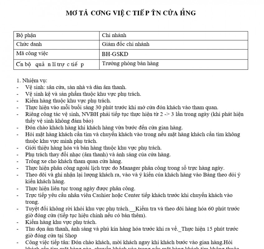 Quy trình bán hàng - Mô tả công việc của tiếp tân cửa hàng