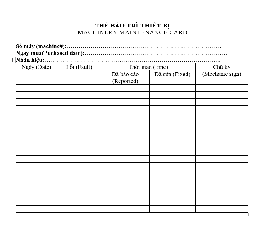 Quản trị hành chính - Thẻ bảo trì thiết bị