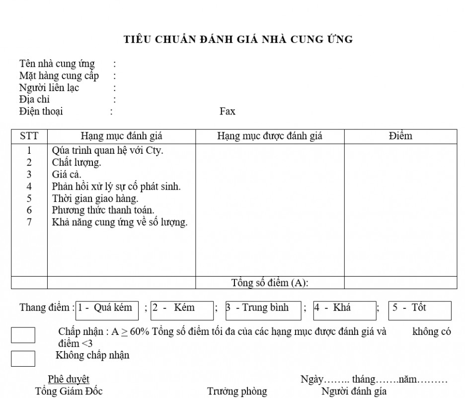 Quản trị hành chính - Tiêu chuẩn đánh giá nhà cung ứng