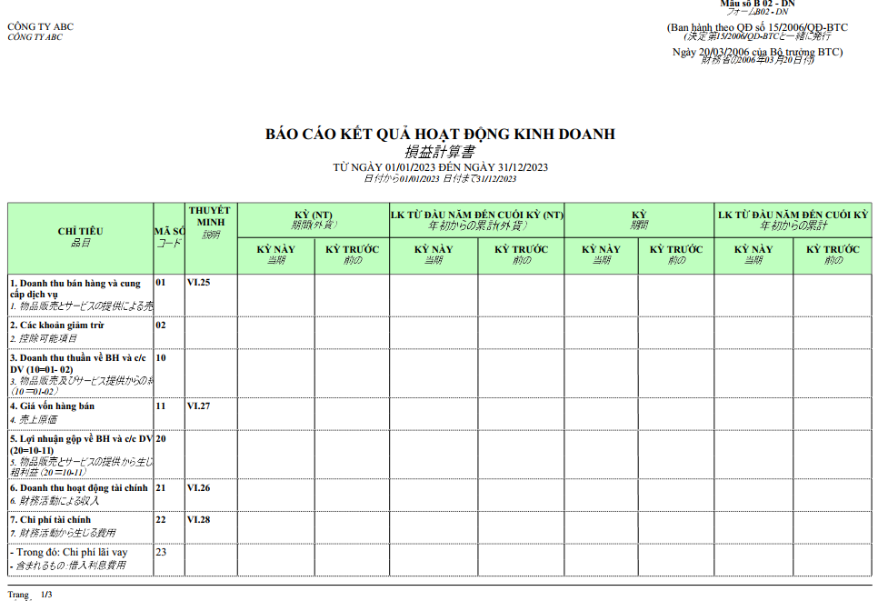 Mẫu báo cáo kết quả hoạt động kinh doanh giữa niên độ ngoại tệ ( SONG NGỮ - TIẾNG NHẬT