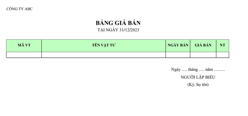 Mẫu giá bán