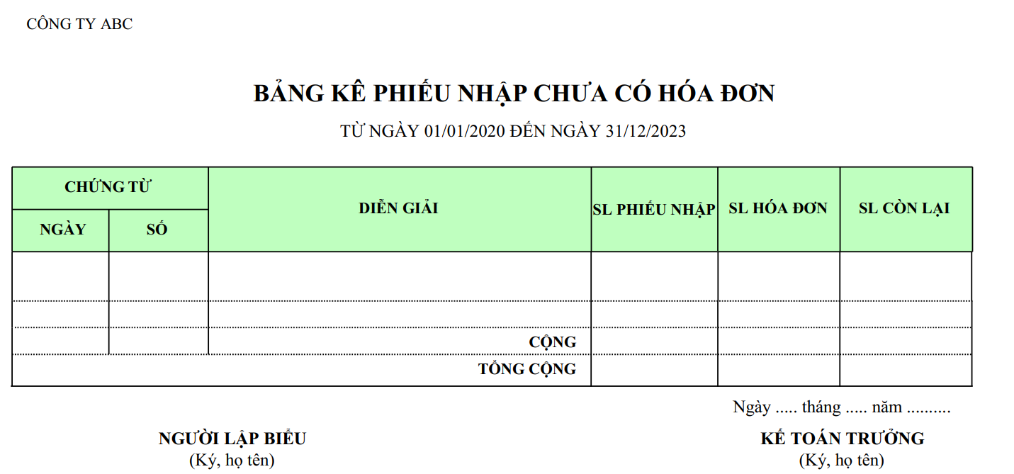 Mẫu bảng kê phiếu nhập chưa có hoá đơn