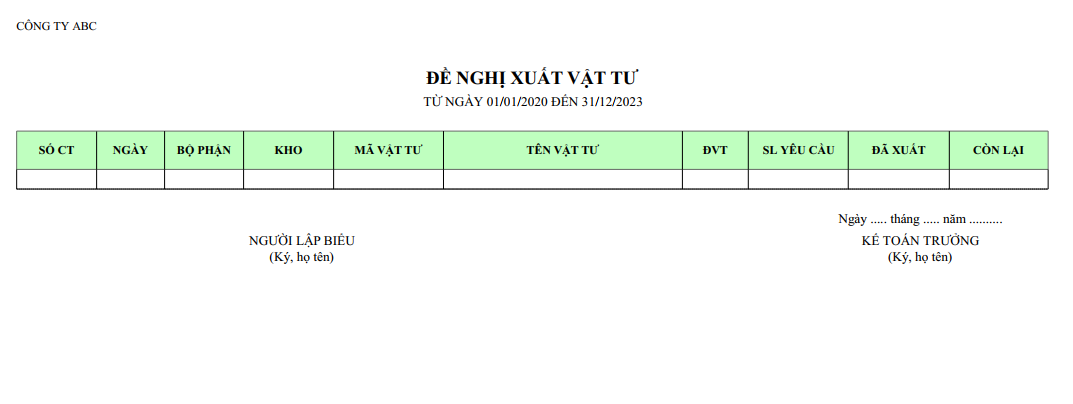 Mẫu đề nghị xuất vật tư chi tiết
