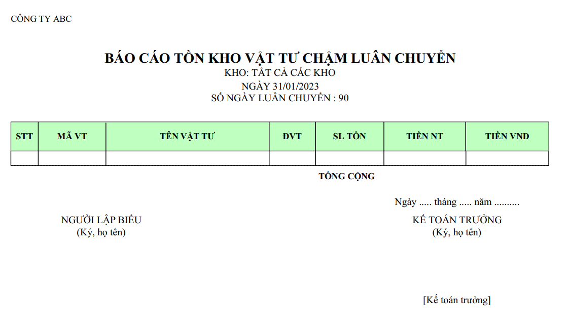 Mẫu báo cáo tồn kho vật tư chậm luân chuyển ( Số lượng và giá trị ngoại tệ )