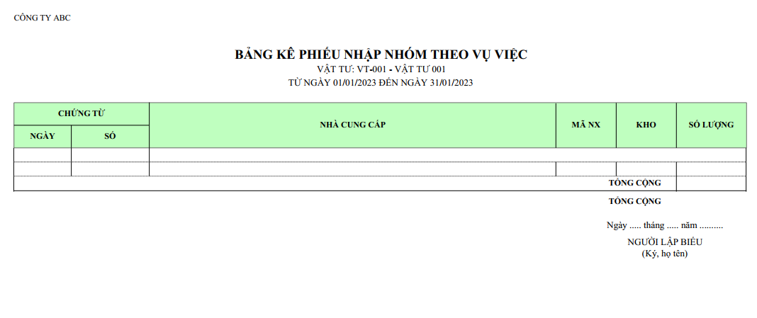 Mẫu bảng kê phiếu nhập nhóm theo vụ việc