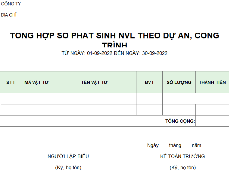 Mẫu tổng hợp số phát sinh NVL theo dự án, công trình