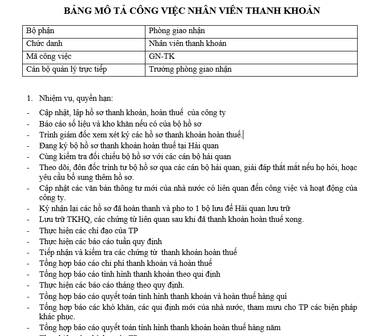 Bảng mô tả công việc của nhân viên thanh khoản