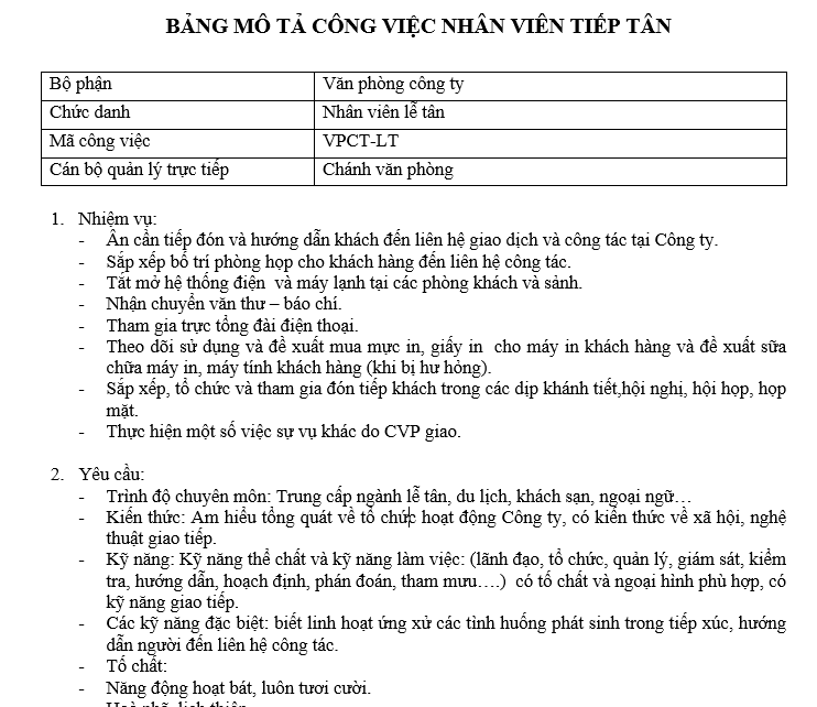 Bảng mô tả công việc của nhân viên tiếp tân