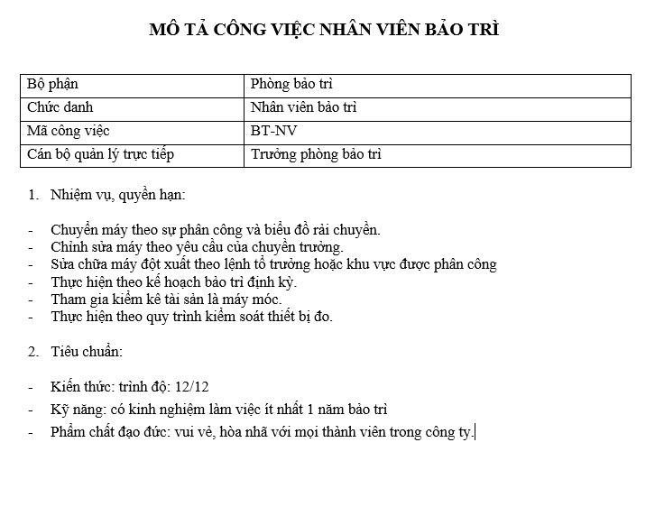 Bảng mô tả công việc của nhân viên bảo trì