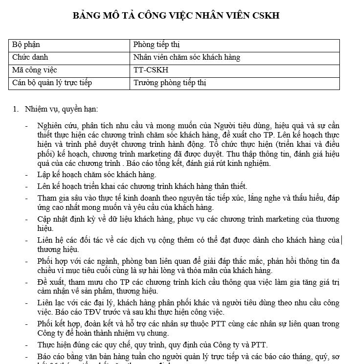 Bảng mô tả công việc của nhân viên CSKH