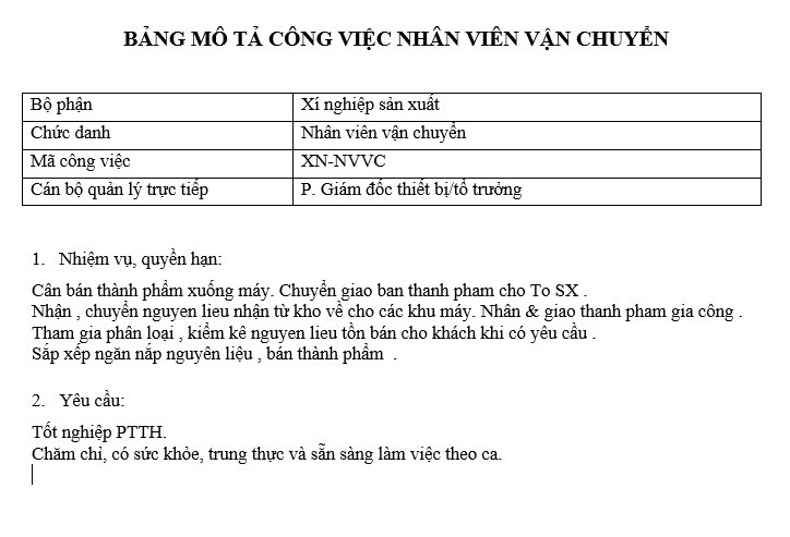 Bảng mô tả công việc của nhân viên vân chuyển