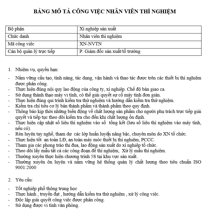 Bảng mô tả công việc của nhân viên thí nghiệm