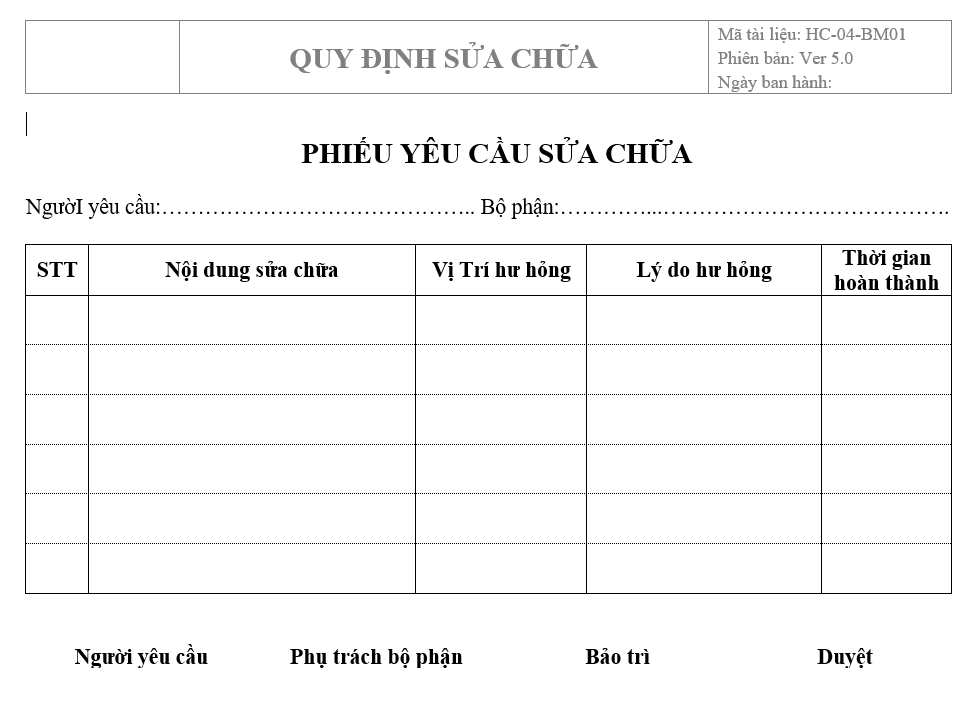 Quy trình sửa chữa - Phiếu yêu cầu sửa chữa