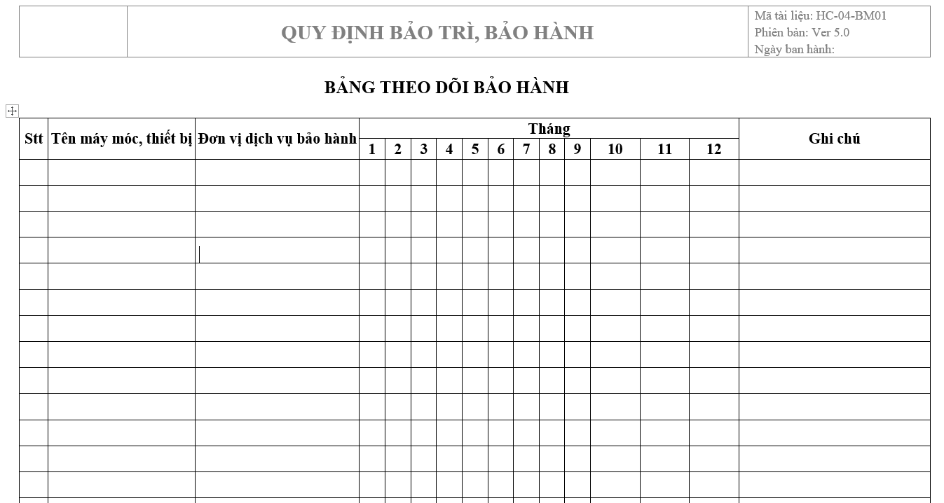 Quy trình bảo hành, bảo trì - Bảng theo dõi bảo hành