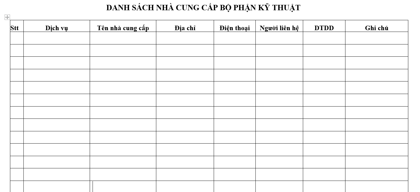 Quy trình bảo hành, bảo trì - Danh sách nhà cung cấp bộ phận kỹ thuật
