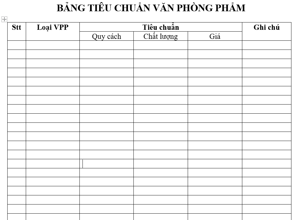 Quy trình quản lý văn phòng phẩm - Bảng tiêu chuẩn văn phòng phẩm