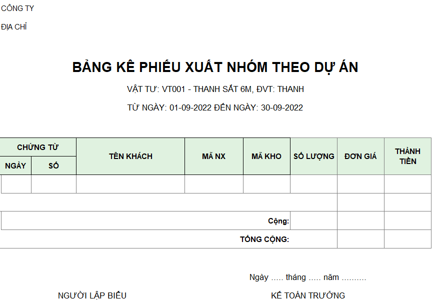 Mẫu bảng kê phiếu xuất nhóm theo dự án