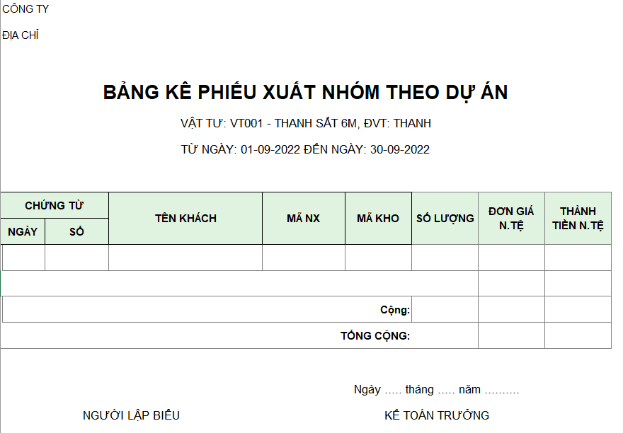 Mẫu bảng kê phiếu xuất nhóm theo dự án ( NGOẠI TỆ )
