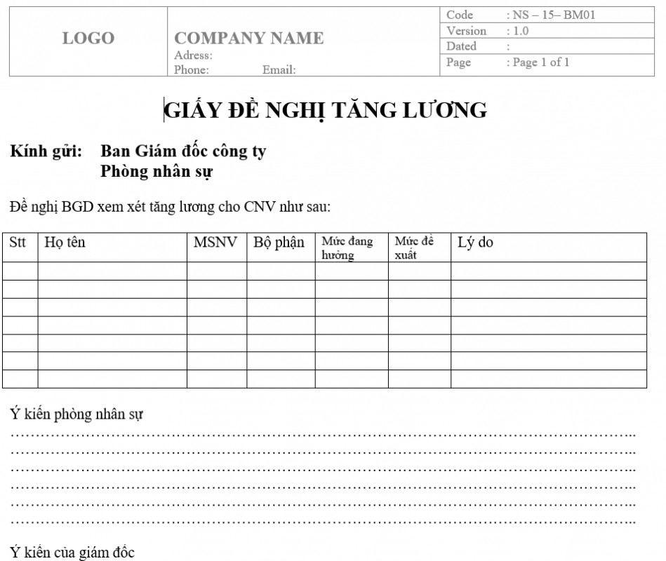 Quy trình bán hàng - Giấy đề nghị tăng lương