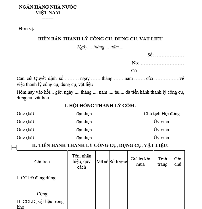 Mẫu biên bản thanh lý công cụ, dụng cụ, vật liệu của ngân hàng nhà nước