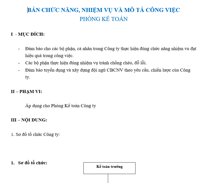 Bảng chức năng , nhiệm vụ và mô tả công việc của phòng kế toán