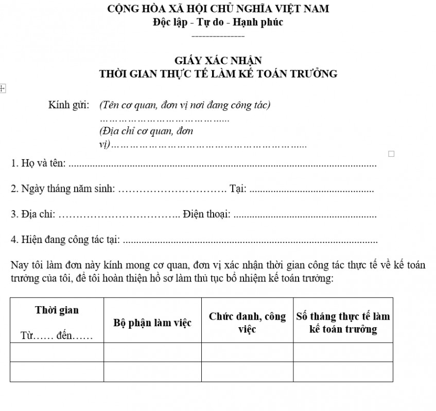 Mẫu giấy xác nhận thời gian thực tế làm Kế toán trưởng