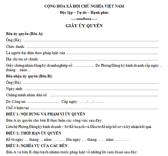 Mẫu giấy ủy quyền của Sở Kế hoạch và Đầu tư
