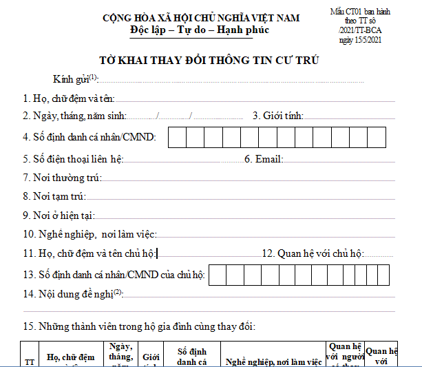 Mẫu Tờ khai thay đổi thông tin cư trú từ 01/7/2021